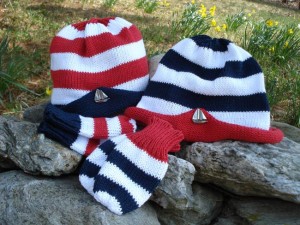 Kids hat and mitten set with pewter sailboat pin