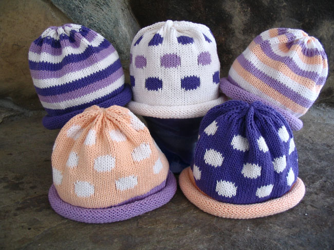 Kids hat with peach and lilac stripes or polka dots