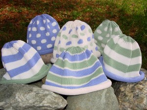 Kids hat - periwinkle and sage stripes or polka dots